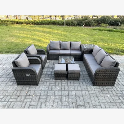 The Range Fimous High Back Rattan Garden Furniture Set with Tempered Glass Tables and Reclining Chairs. - Dark Grey Mixed