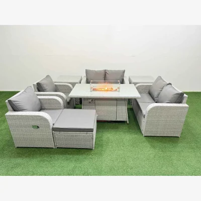 The Range Fimous 7 Seater Outdoor Rattan Garden Furniture Set with Firepit Dining Table and Reclining Chairs. - Light Grey