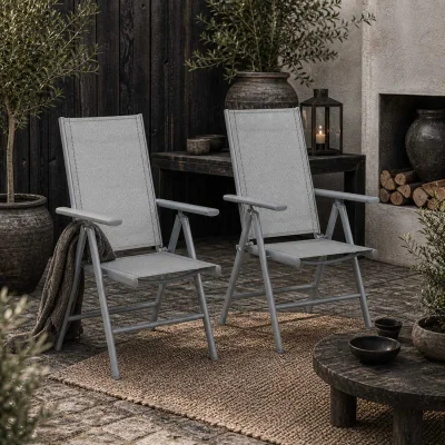 The Range Mina Set of 2 Aluminium Light Grey Folding Outdoor Dining Chairs with Breathable Mesh