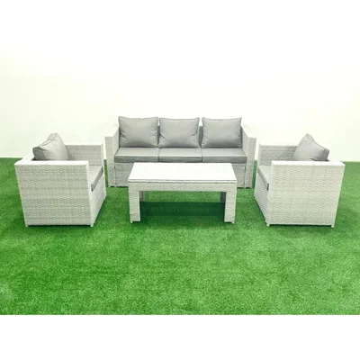 The Range Fimous 4-Piece Rattan Garden Set with Sofa, 2 Reclining Chairs and Oblong Coffee Table. - Light Grey Mixed