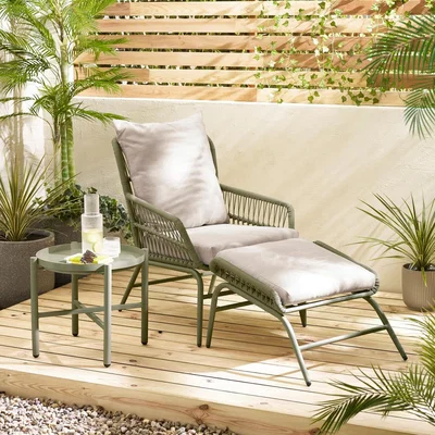 The Range Lyon Outdoor Chair, Footstool and Table Set - Metal and Rattan - Green