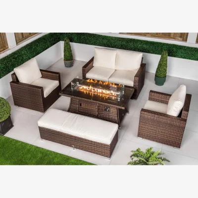 The Range Sydney Garden Sofa Loveseat + 2 Arm Chairs & Fire Pit Table Set - Brown