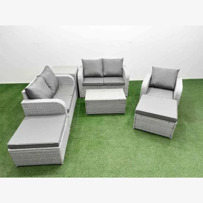 The Range Fimous High Back PE Rattan 7-Seater Garden Set with Reclining Chair and Coffee Table Light Grey. - Light Grey