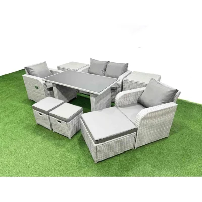 The Range Fimous Outdoor 7-Seater PE Rattan Patio Set with Reclining Chairs, Love Sofa and Rectangular Table - Light grey rattan + dark grey fabric