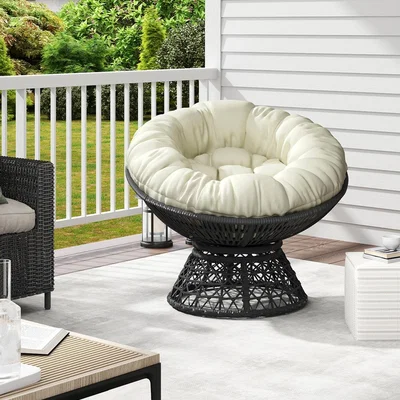The Range Outdoor Rounded Swivel Chair with Thick Tufted Cushion - Beige