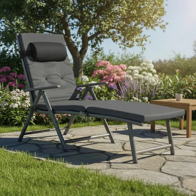 The Range Reclining Outdoor Chair with Adjustable Backrest and Mattress, Foldable Lounger - Grey