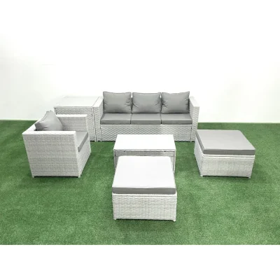 The Range Fimous 6-Piece Light Grey Mixed Rattan Garden Sofa and Chair Set with Tables. - Light grey mixed rattan with dark grey fabric