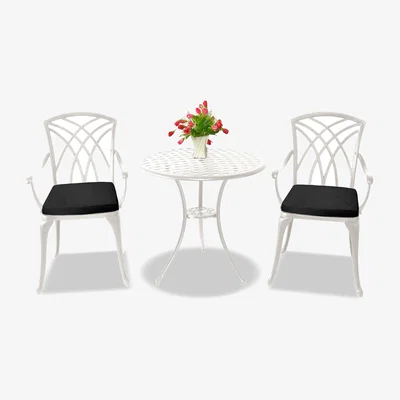 The Range OSHOWA Outdoor Table and 2 Chairs with Black Cushions Bistro Set - White