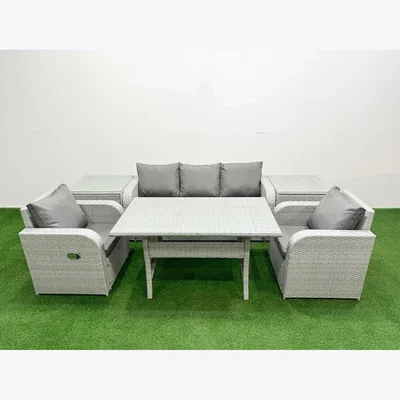 The Range Fimous 6-Piece PE Rattan Garden Furniture Set with Reclining Chairs, 3-Seater Sofa and Dining Table. - Light grey rattan with dark grey fabric