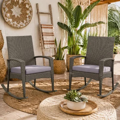 The Range Lora Set of 2 Grey Rattan Outdoor Rocking Chairs with Cushions