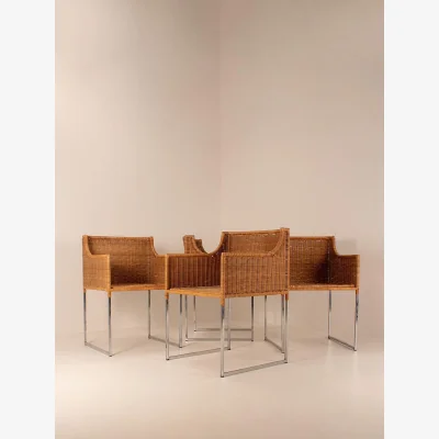 Soho Home Vintage Mid Century Chairs, Wicker and Chrome, Set of Four
