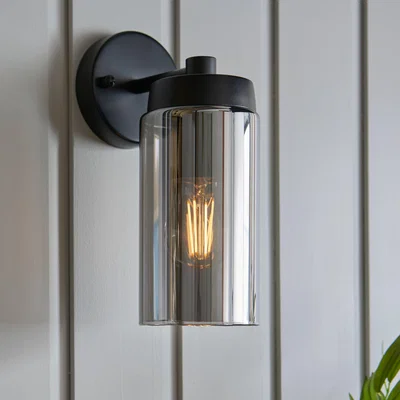 Dunelm Ellison Matt Black Smoked Glass Outdoor Wall Light Black