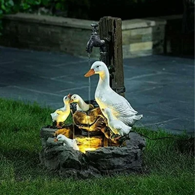 The Range Solar Power Duck Family Garden Fountain Duck Statue - White