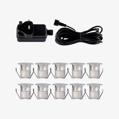 The Range Set Of 10 30mm Stainless Steel Ip67 Warm White Led Decking Kit - Chrome & Clear