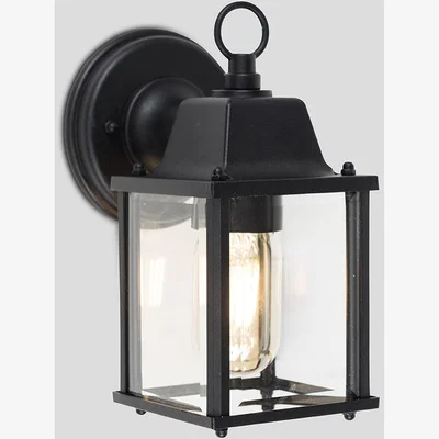 The Range Modern IP23 Rated Black Metal And Glass Outdoor Security Wall Light Lantern - Black