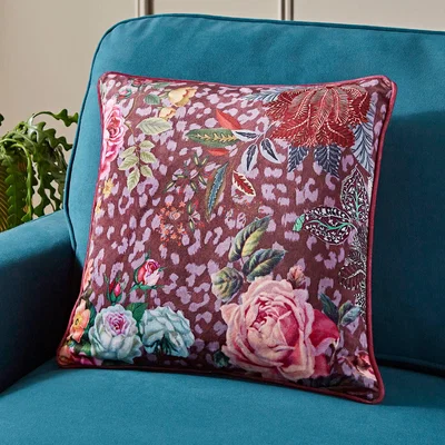 Dunelm Leopard Floral Square Cushion Cover Purple