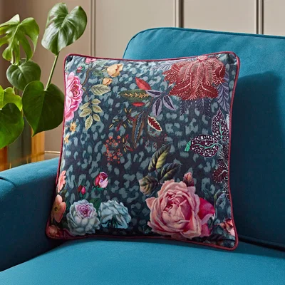 Dunelm Leopard Floral Square Cushion Cover Peacock
