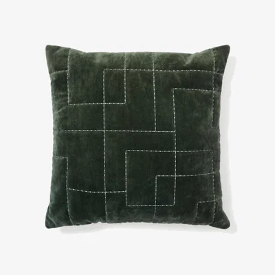 Kave Home Prila green velvet cotton cushion cover with geometric embroidery feature, 45 x 45 cm