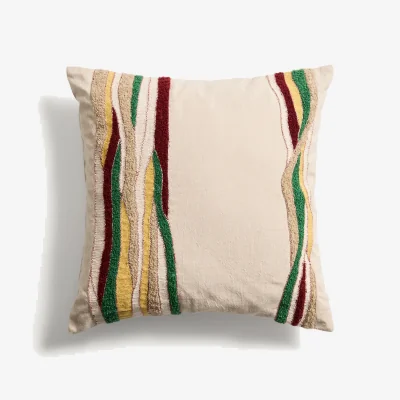 Kave Home Sirea cotton linen cushion cover with multicoloured embroidery detail 50 x 50cm