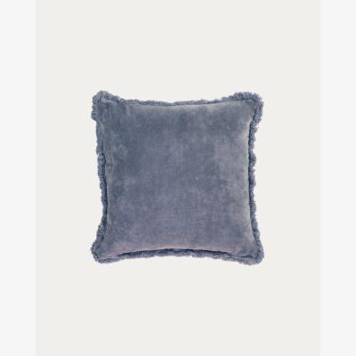 Kave Home Cedella 100% cotton velvet cushion cover with fringe in blue 45 x 45 cm