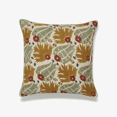 OKA OKA, Hidaya Cushion Cover - Mustard/Sage, Cushion Covers, Linen, Botanical/Patterned/Printed