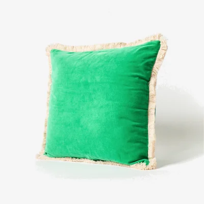Oliver Bonas Issey Turquoise Green Velvet Fringed Cushion Cover 45x45cm