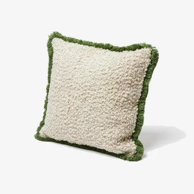 Oliver Bonas Boucle Green Fringed Cream Cushion Cover 45x45cm