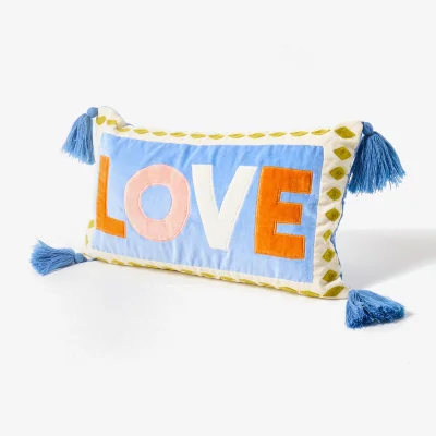 Oliver Bonas Love Blue & Cream Patchwork Cushion Cover 30x50cm
