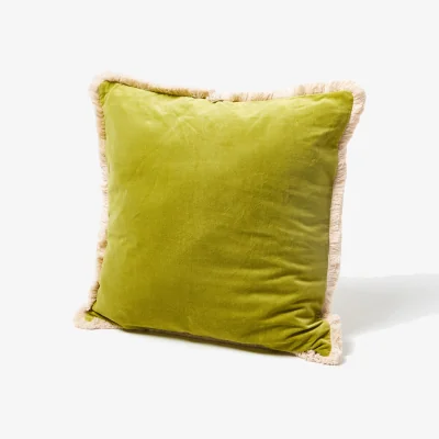 Oliver Bonas Issey Olive Green Velvet Fringed Cushion Cover 60x60cm