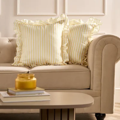 The Range OHS Striped Frill Cushion Covers - Lemon / Machine washable at 40°C. Tumble dry friendly. Do not bleach or iron.