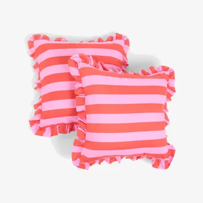 The Range OHS Striped Frill Cushion Covers - Red/Pink / Machine washable at 30°C. Tumble dry friendly. Do not bleach or iron.