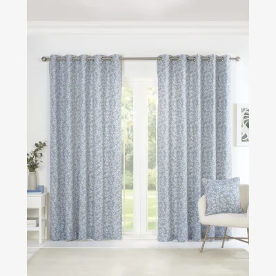 The Range Sade - Fully Lined Floral Eyelet Curtains and Filled Cushion Cover - Polycotton - Green - Blue