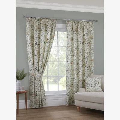 The Range Cleo Fully Lined Floral Curtains and Cushion Cover - Pencil Pleat - Polycotton, Willow - Willow