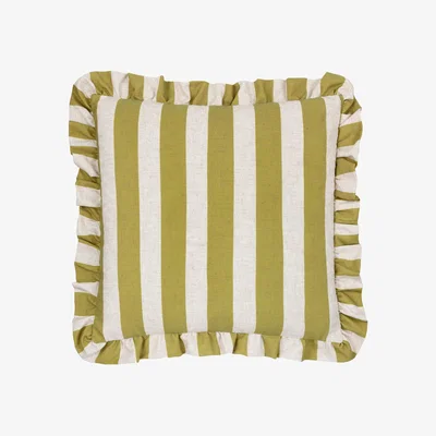 The Range Linen Stripe Printed Ruffle Cushion Cover - Linen/Olive