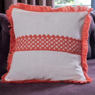The Range Ren Single Special Design Tasseled and Lace Embroided Linen Cushion Covers - White - Bricked Red