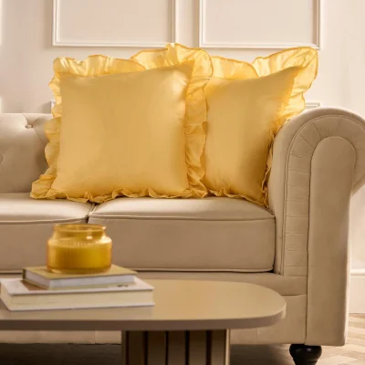 The Range OHS Gingham Check Frill Cushion Covers - Lemon / Machine washable at 40°C. Tumble dry friendly. Do not bleach or iron. / 4
