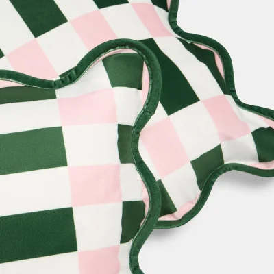 The Range OHS  Velvet Scallop Edge Cushion Covers - Green/Pink / Machine washable at 40°C. Tumble dry friendly. Do not bleach or iron.
