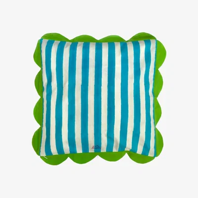 Wolf & Badger Green / Blue / White Cushion Cover With Green Ruffle Edge In Cyan And White Cabana Stripe Block Print On Organic Cotton One Size Kate Austin Designs