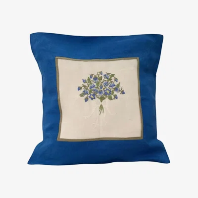 Wolf & Badger Blue / White Linen Blue Hand Embroidered Cushion Cover, Set Of Two Heritagemoda