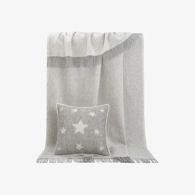 Wolf & Badger Grey Pure Wool Plain Throw And Stars Cushion Cover Set J. j.textile