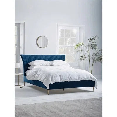 Cox and Cox NEW Pleated Velvet Super King Bed - Deep Blue