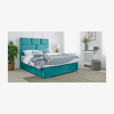 The Range Hampton Plush 4 Inch Solid Thick Bed Frame With Lined Headboard - Teal / Superking