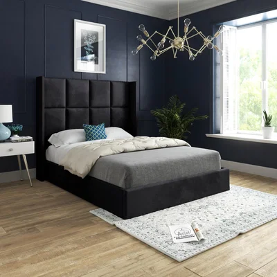 The Range Quanta Straight Winged Upholstered Soft Velvet Bed Frame - Black / Superking