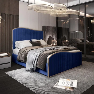 The Range Brixton Upholstered Soft Velvet Metal Bed Frame - Blue / Superking