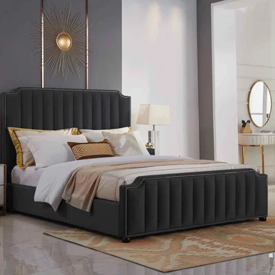 The Range Krissa Upholstered Plush Velvet Bed Frame - Black / Superking