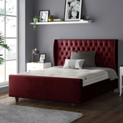The Range Aurora Chesterfield Wing Plush Velvet Bed Frame with Matching Buttons - Burgundy / Superking