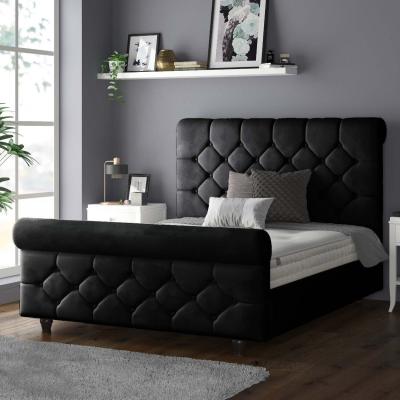 The Range Jasmine Velvet Chesterfield Sleigh Plush Velvet Bed Frame - Black / Superking