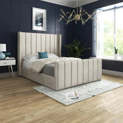 The Range Oxford Panel Lined Upholstered Soft Velvet Bed  - Cream / Superking
