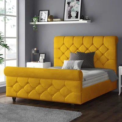 The Range Jasmine Velvet Chesterfield Sleigh Plush Velvet Bed Frame - Turmeric / Superking