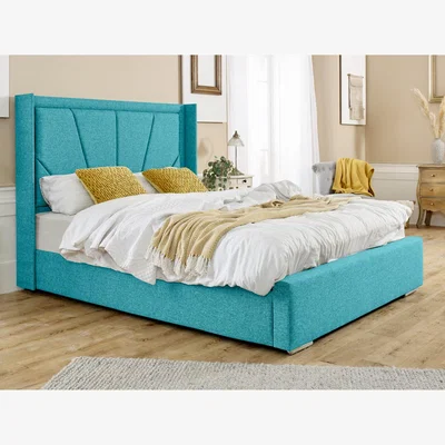 The Range Harry Linen 4 Inch Solid Thick Bed Frame With Winged Headboard - Teal / Superking
